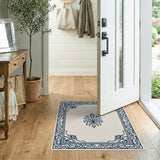 Beige and Neutral Ornate Navy Blue Floral Border Area Rug