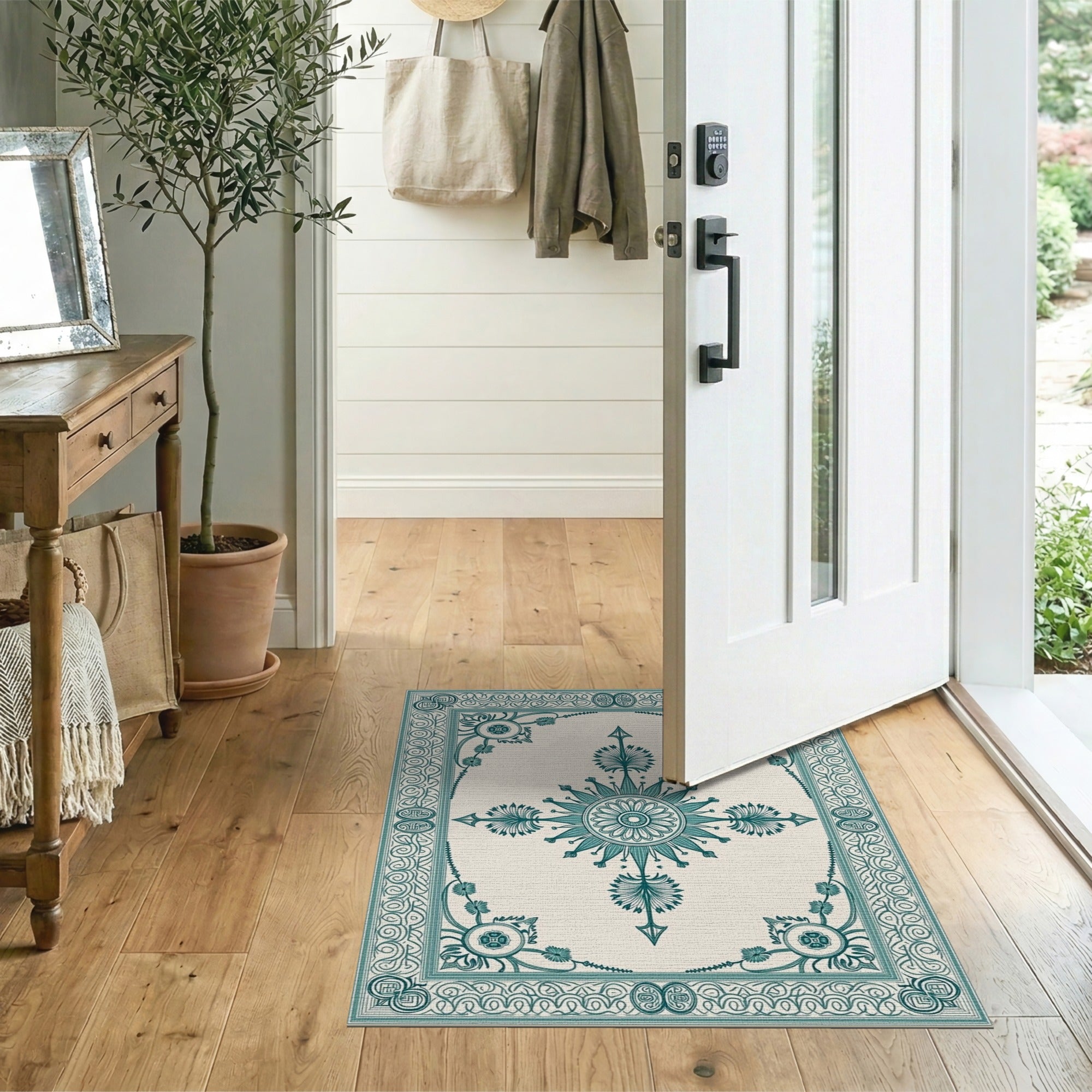 Teal Ornate Floral Medallion Area Rug