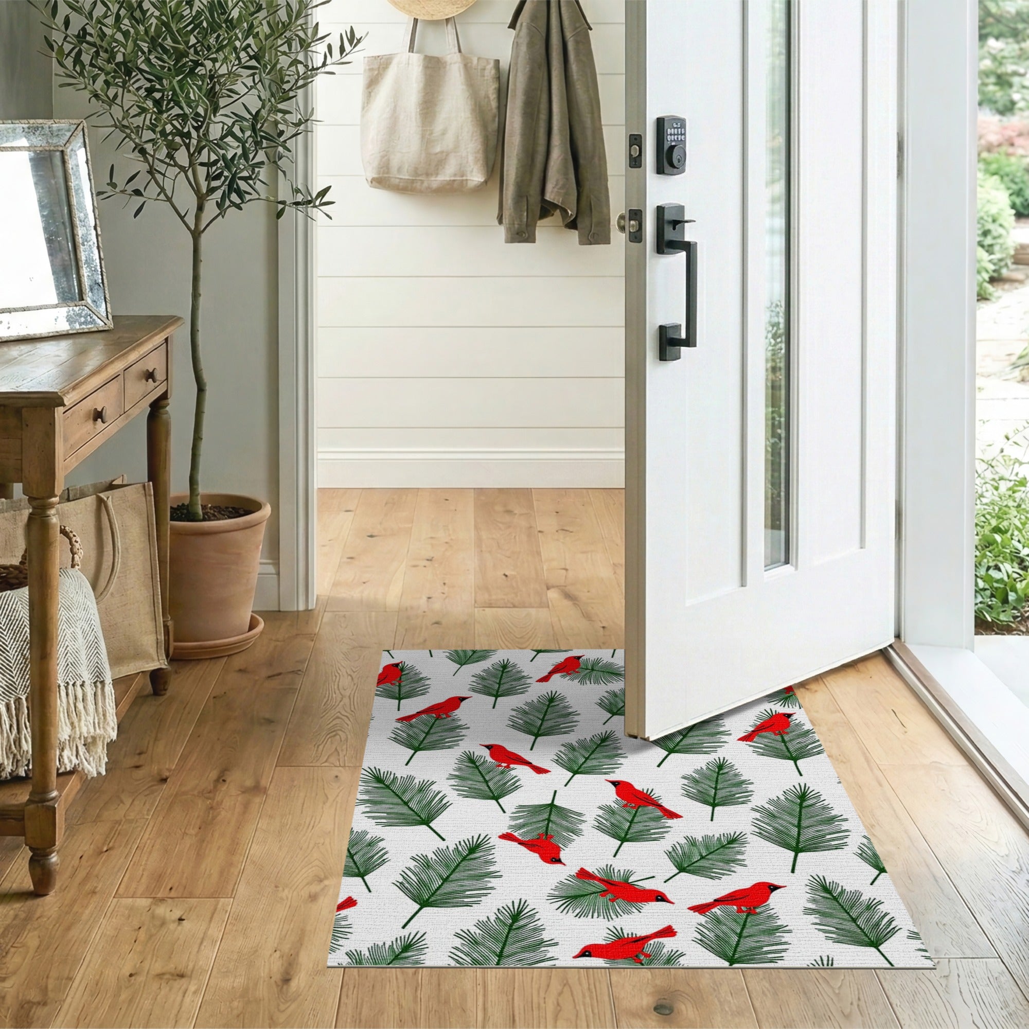 Festive Red Cardinals and Pine Branches Pattern Rug