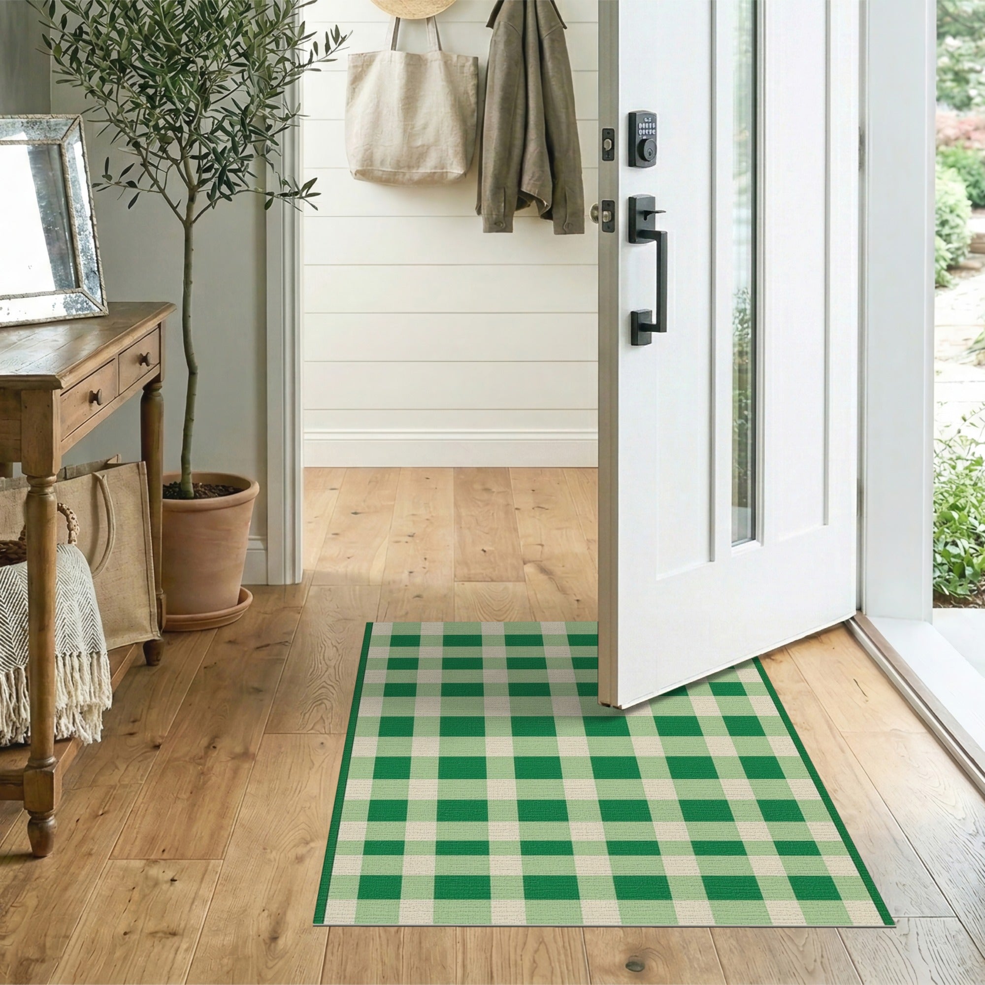 Green Green Gingham Check Area Rug