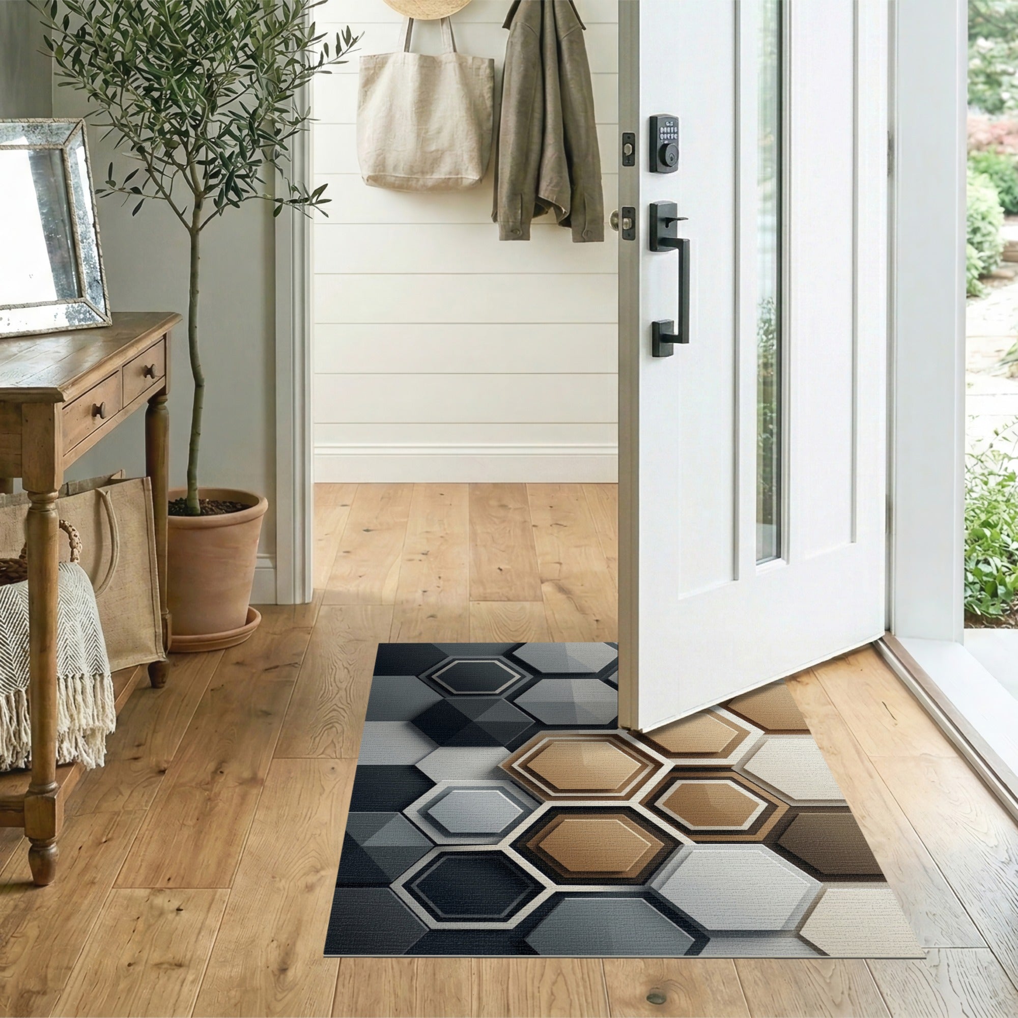 3D Layered Hexagon Grey Area Rug
