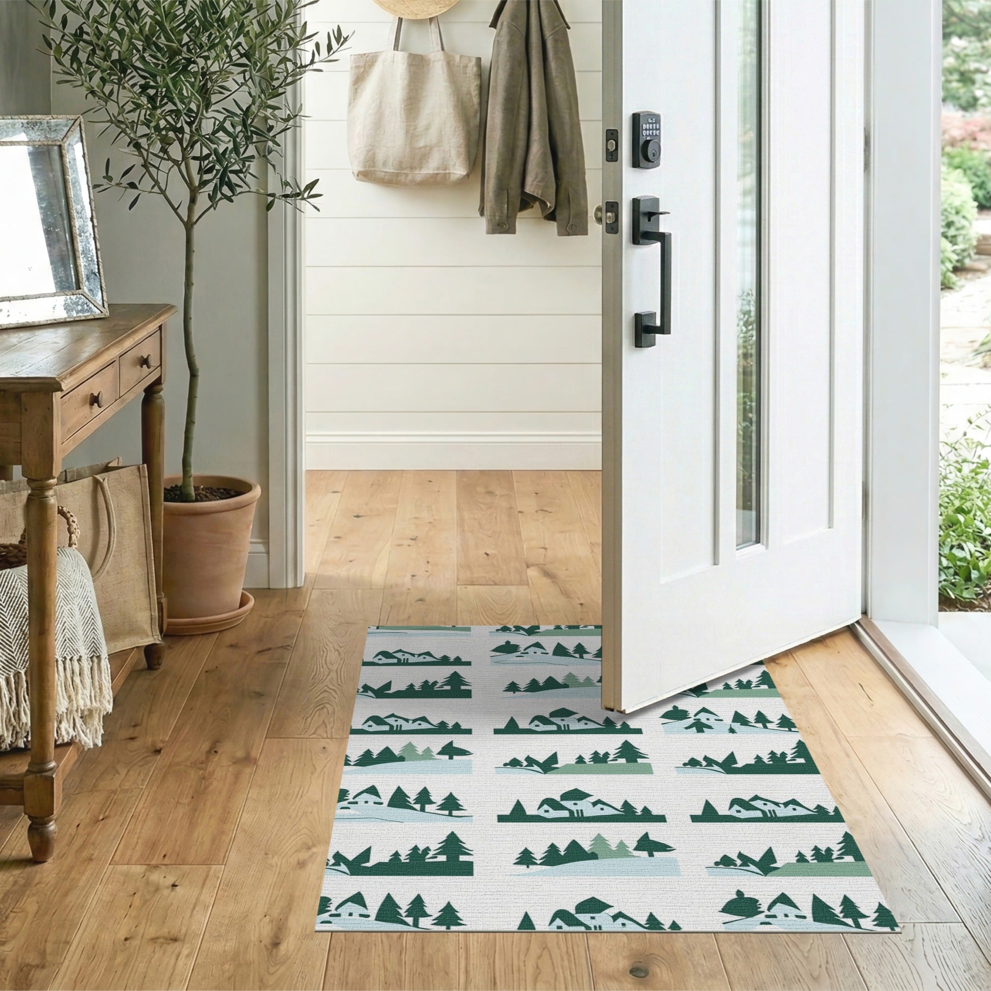 Snowy Cabin Pine Forest Silhouette Area Rug
