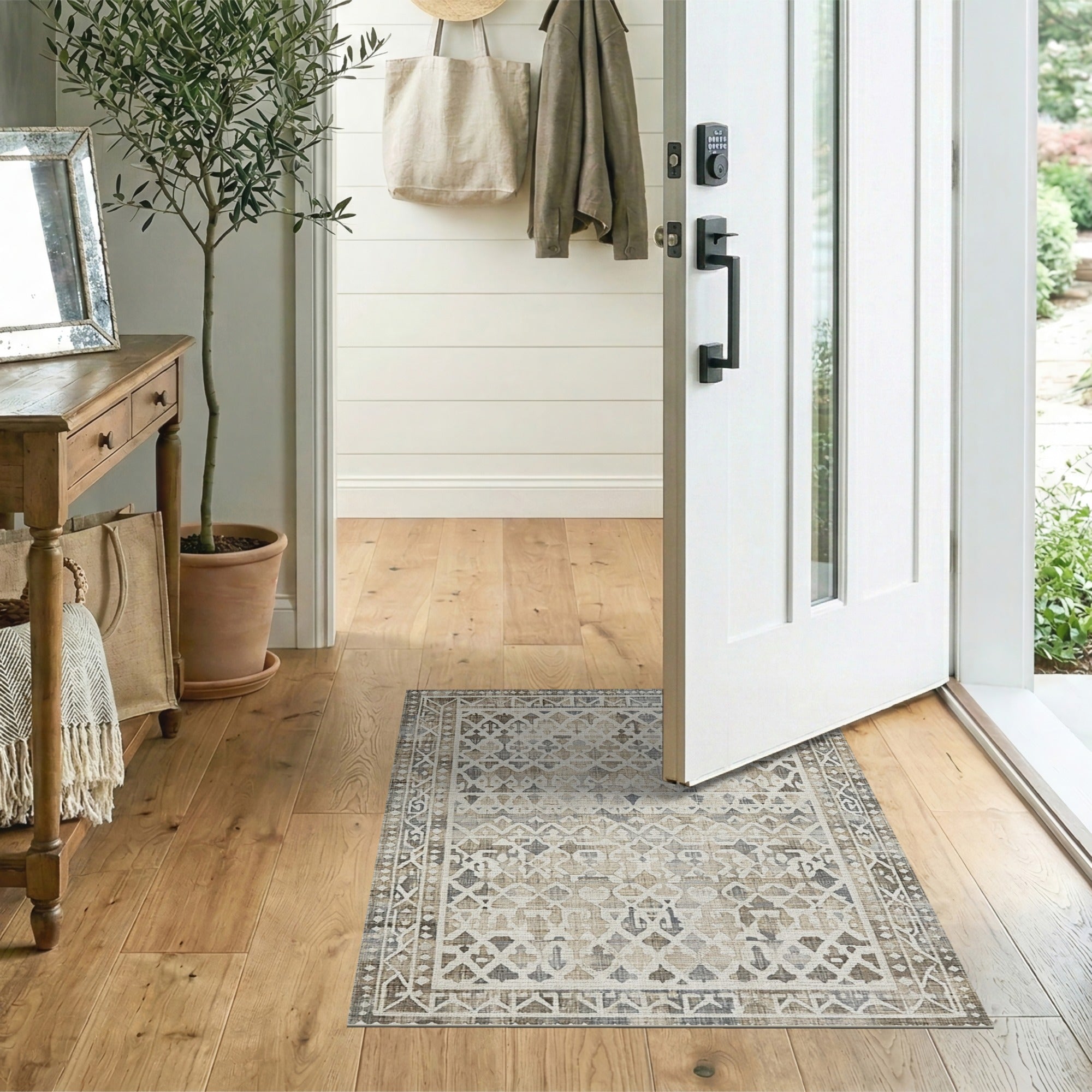 Distressed Beige Trellis Geometric Area Rug