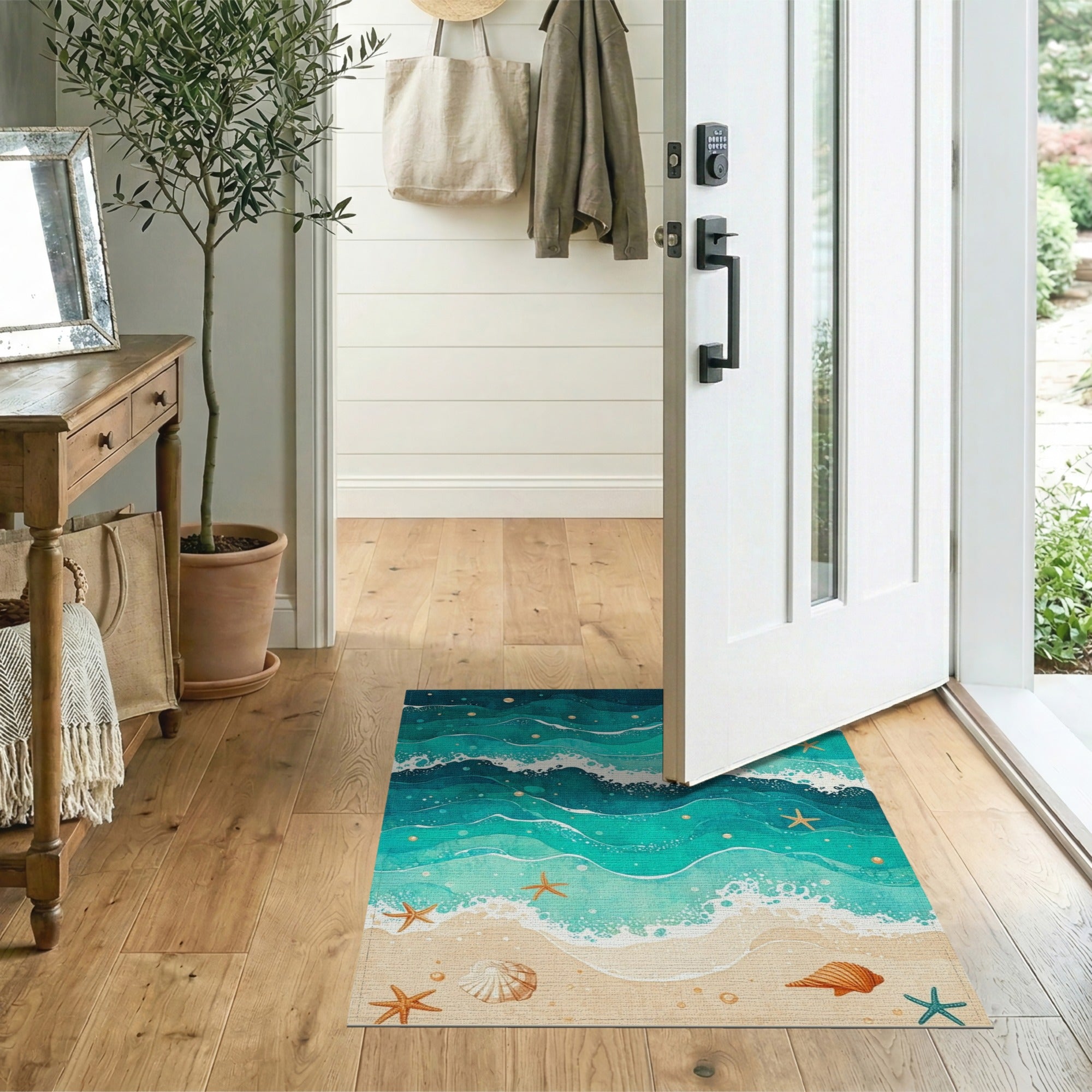 Coastal Beach Washable Area Rug with Ocean Waves and Starfish