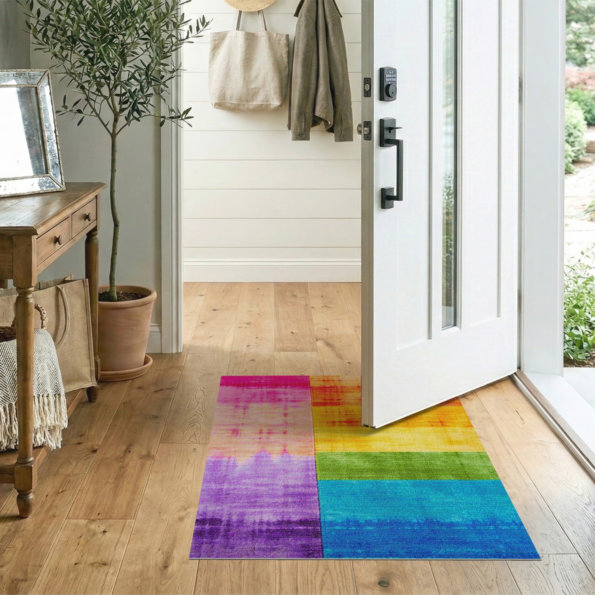 Vibrant Rainbow Striped Distressed Area Rug