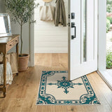 Ornate Teal Snowflake Motif Cream Area Rug
