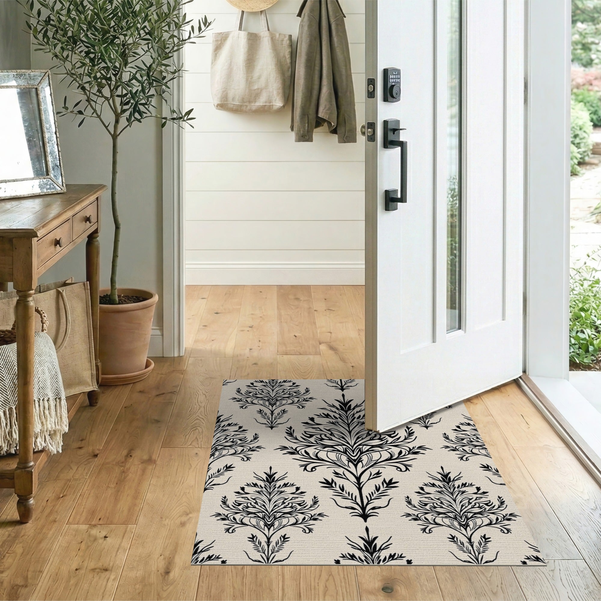 Black and White Vintage Black Damask Floral Area Rug