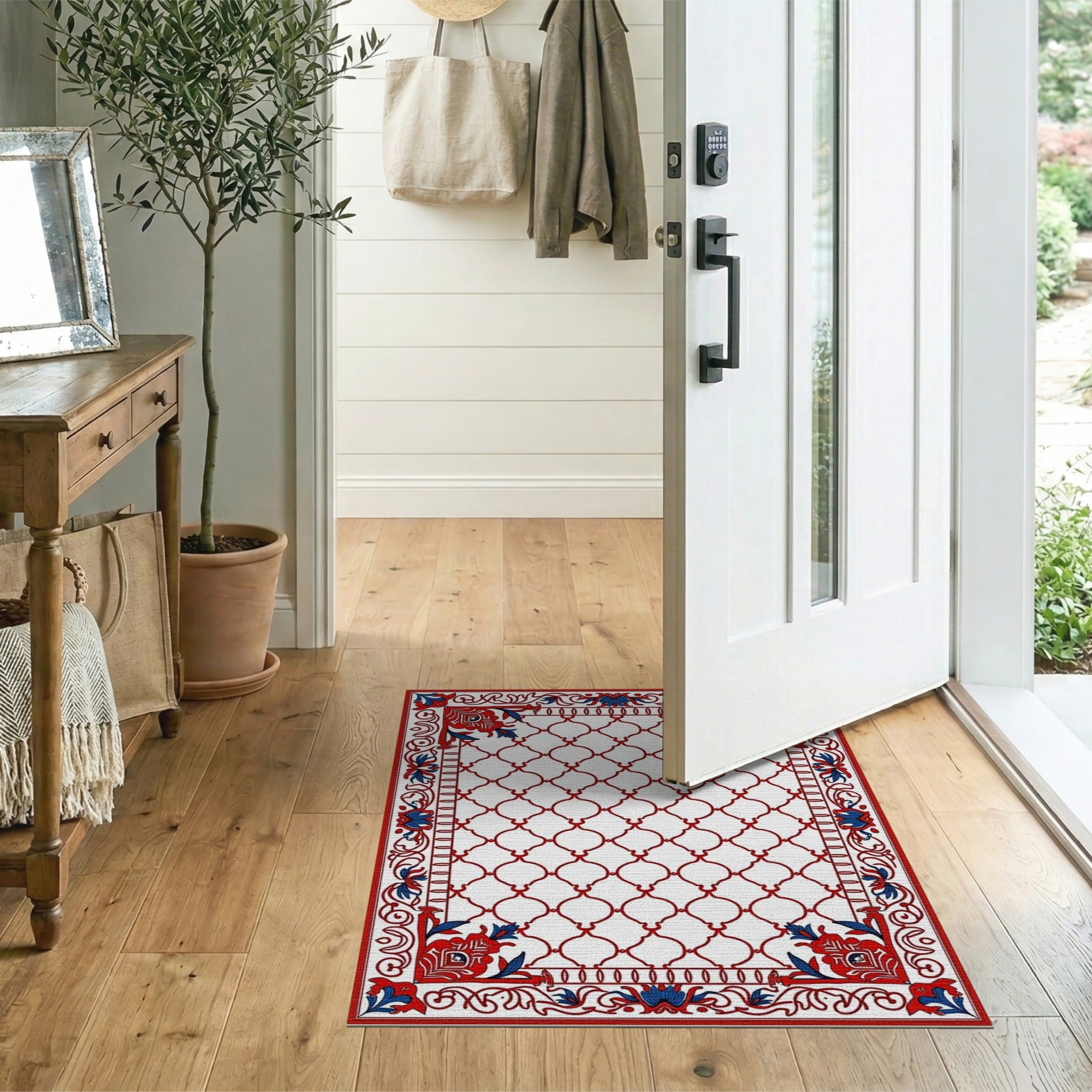 Red Trellis Persian Area Rug with Blue Floral Borders