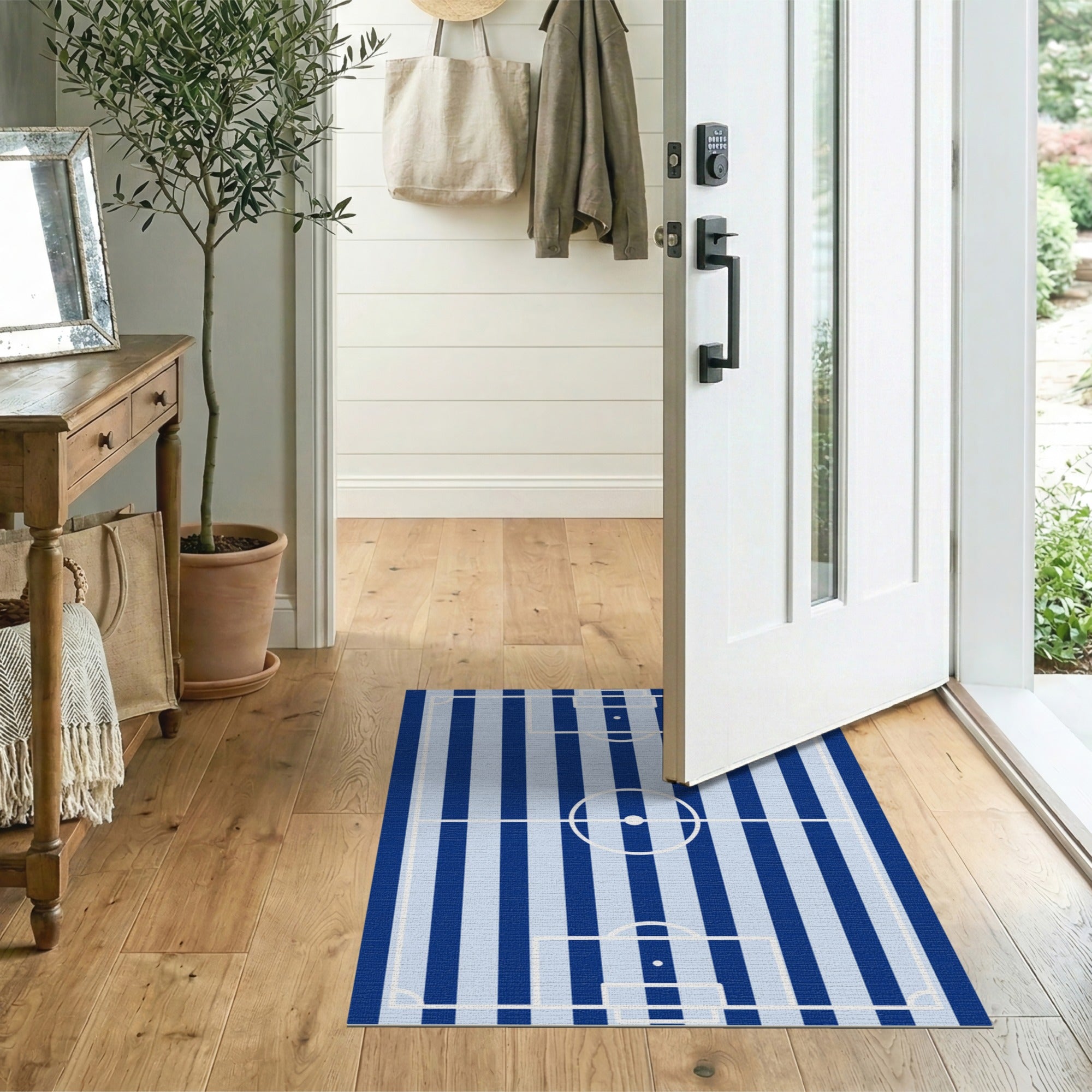 Soccer Field Navy Blue Geometric Area Rug