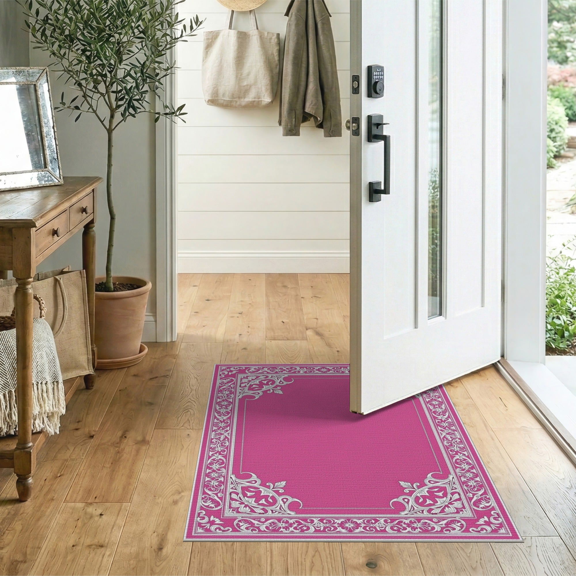 Pink Ornate Floral Border Floral Vintage Area Rug