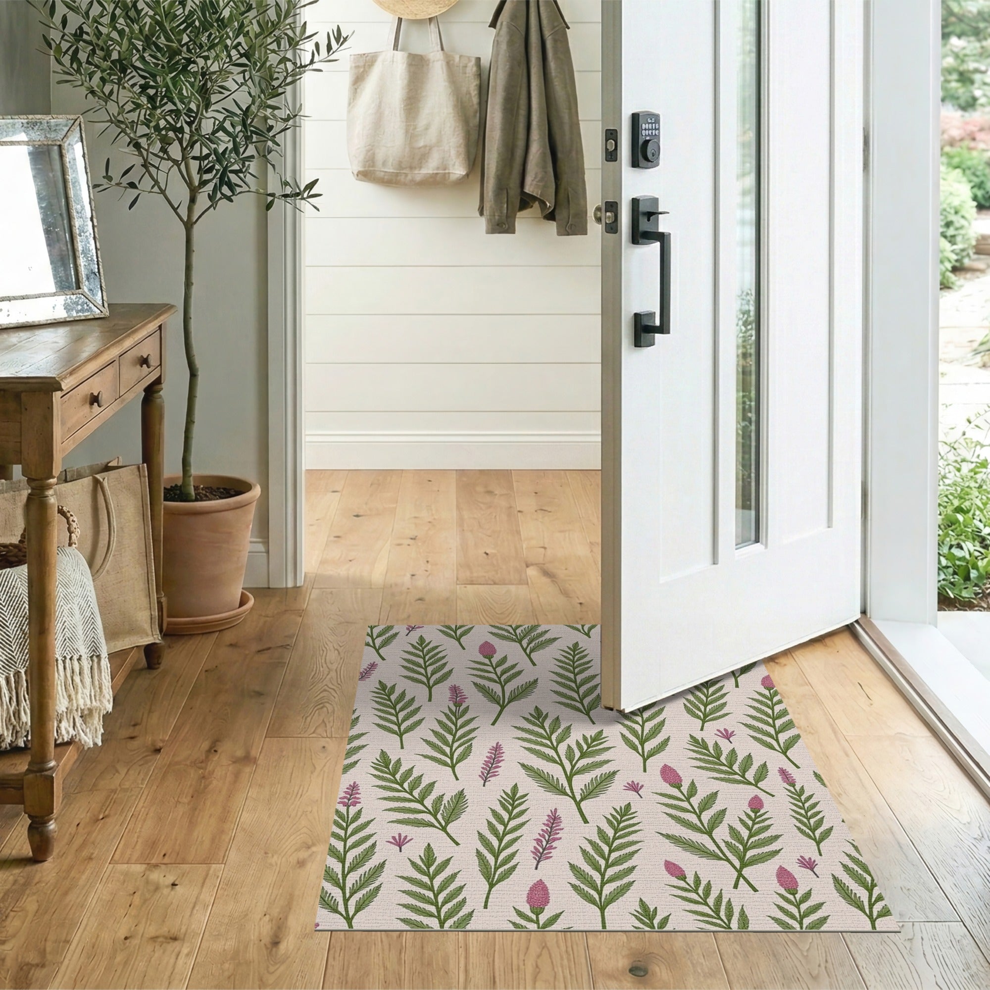 Green Fern Pink Blossom Floral Pattern Rug