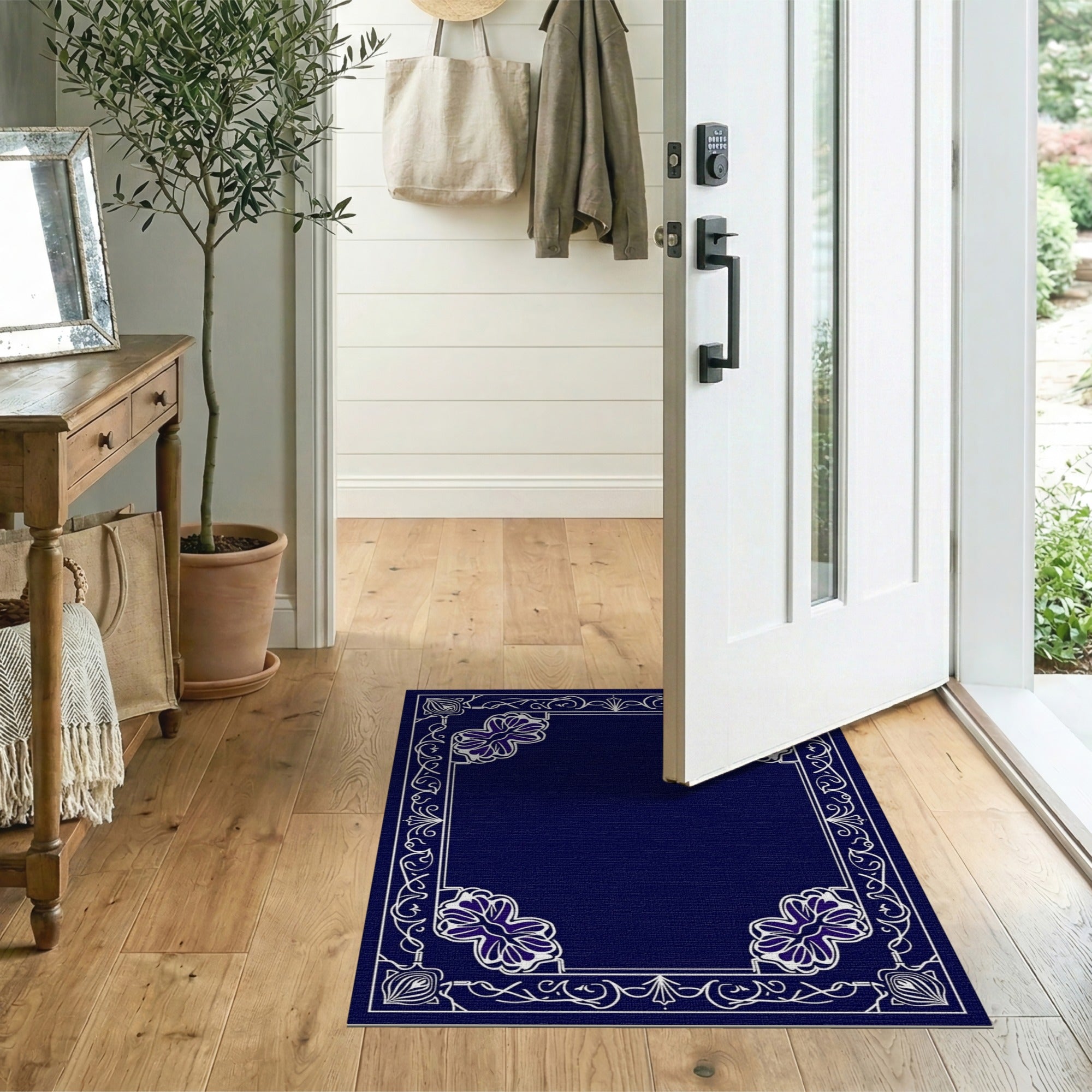 Floral Vintage Blue and Teal Navy Ornate Floral Border Area Rug