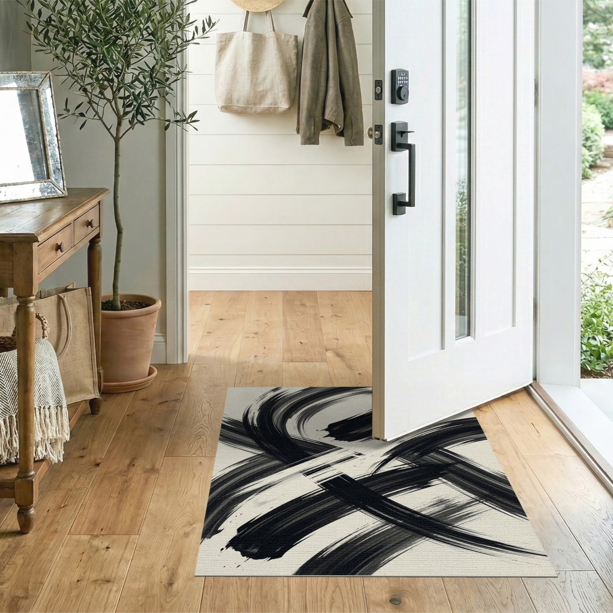 Bold Black Brushstroke Abstract Area Rug