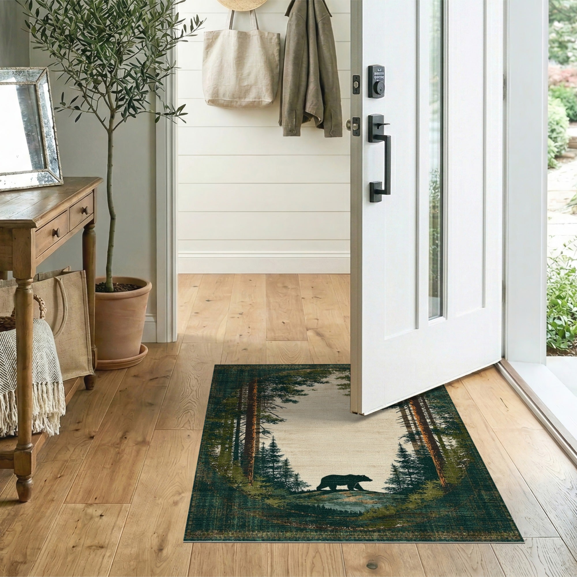 Vintage Teal Forest Bear Area Rug
