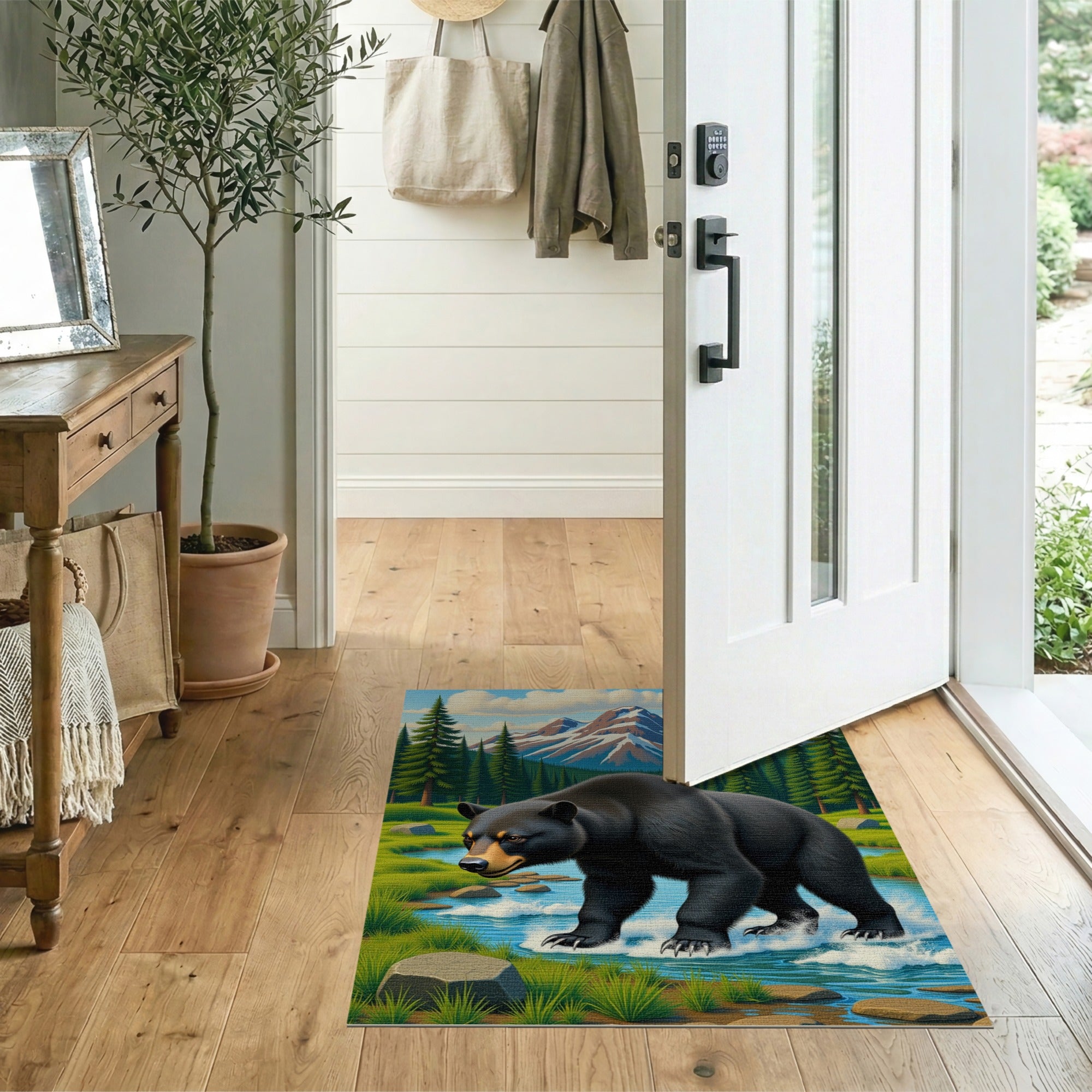 Majestic Black Bear Stream Crossing Rug