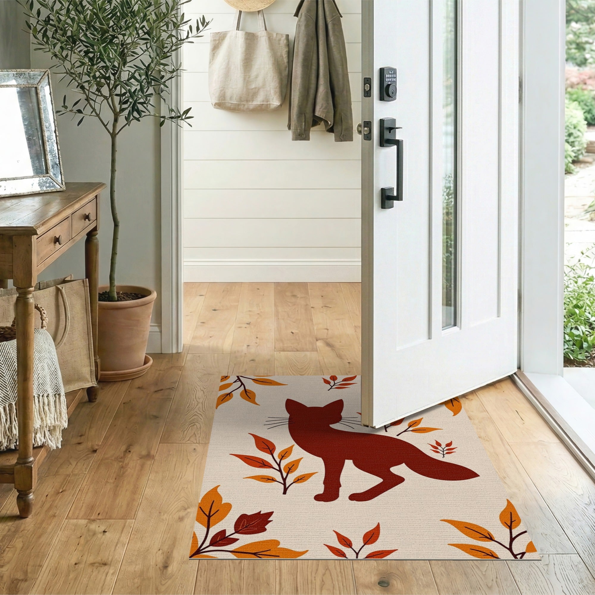 Autumn Fox Silhouette with Fall Leaves Area Rug