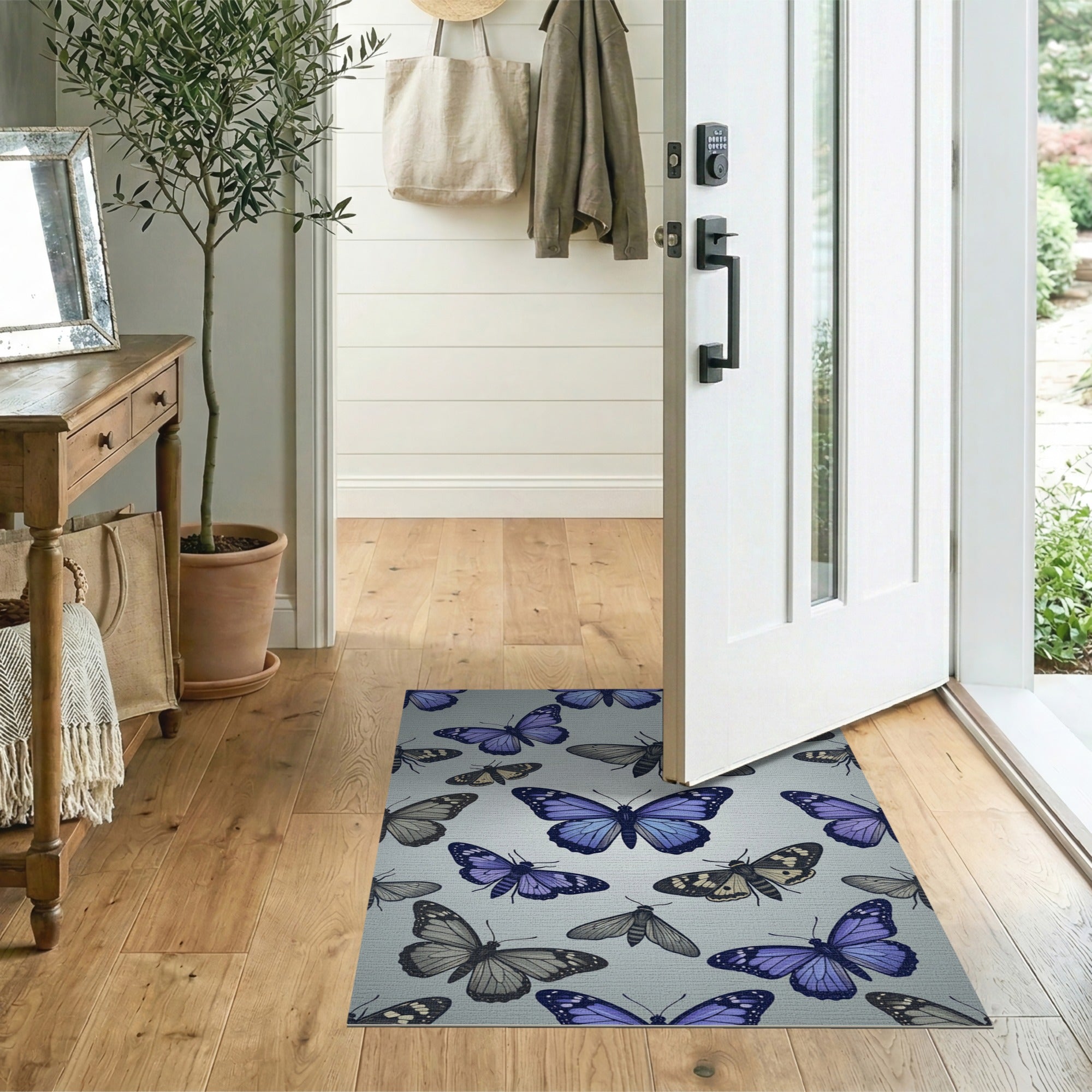 Purple Butterfly Moth Pattern Area Rug