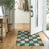 Distressed Teal Checkered Vintage Area Rug