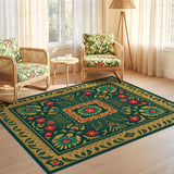ODIKA Washable Emerald Green Floral Area Rug - Low Pile Art Nouveau Non-Slip Rug
