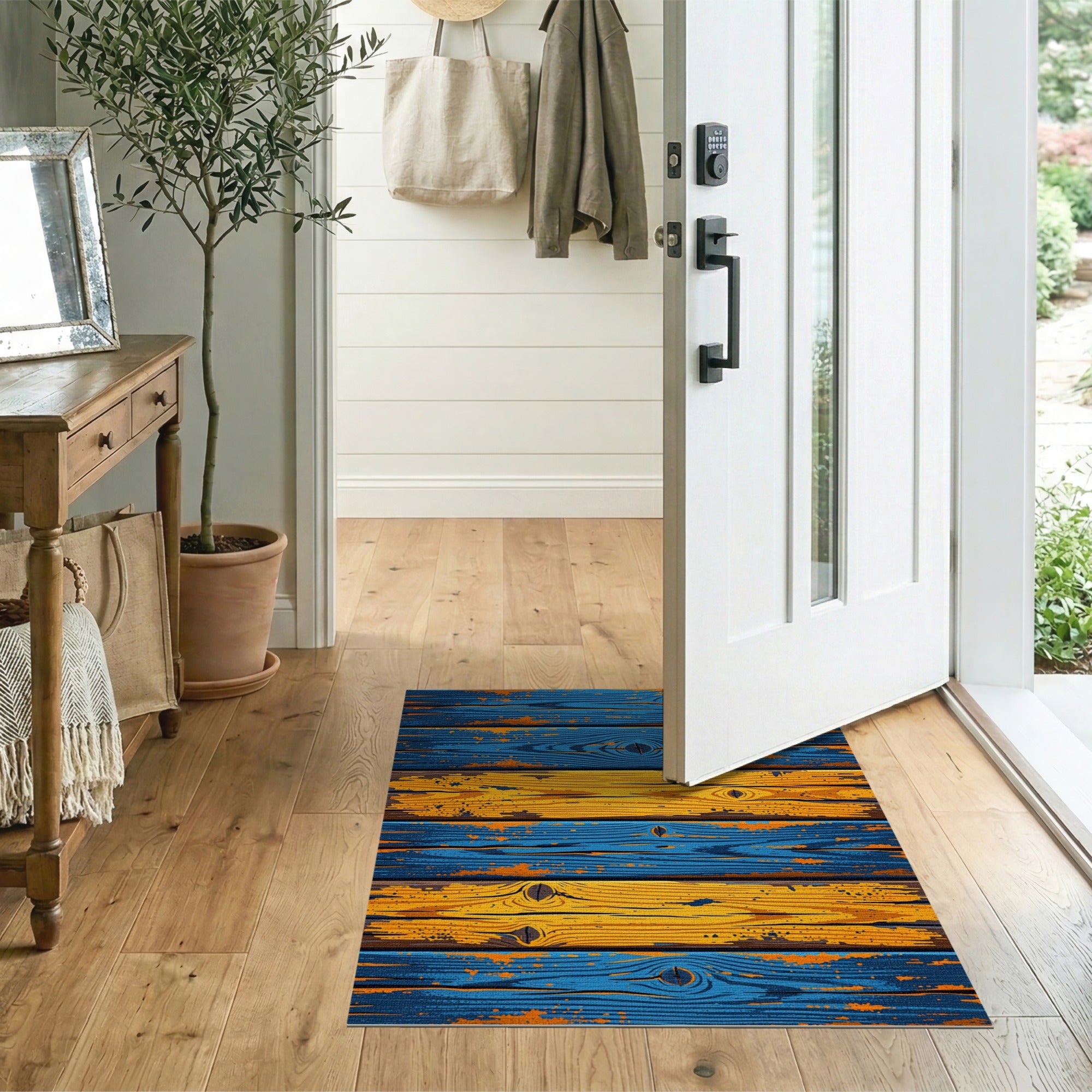 Distressed Blue Orange Wood Plank Area Rug