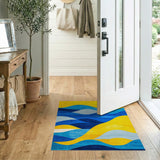 Washable Modern Abstract Wavy Blue & Yellow Low Pile Area Rug