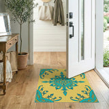 Teal Mandala Persian Area Rug on Yellow