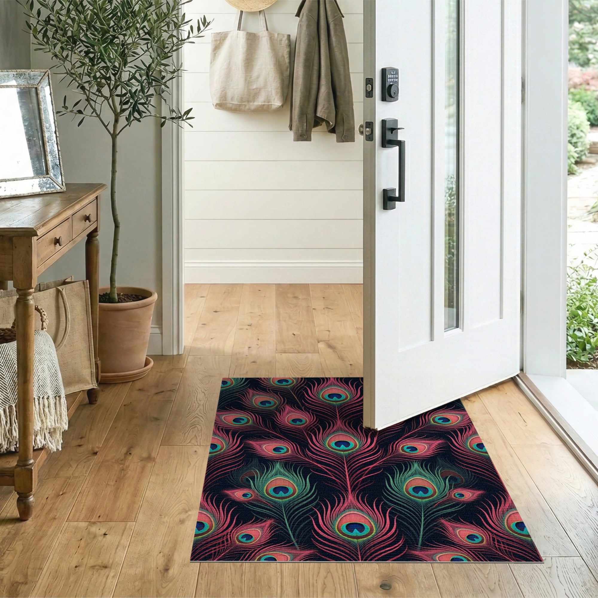 Vibrant Peacock Feather Pattern Area Rug