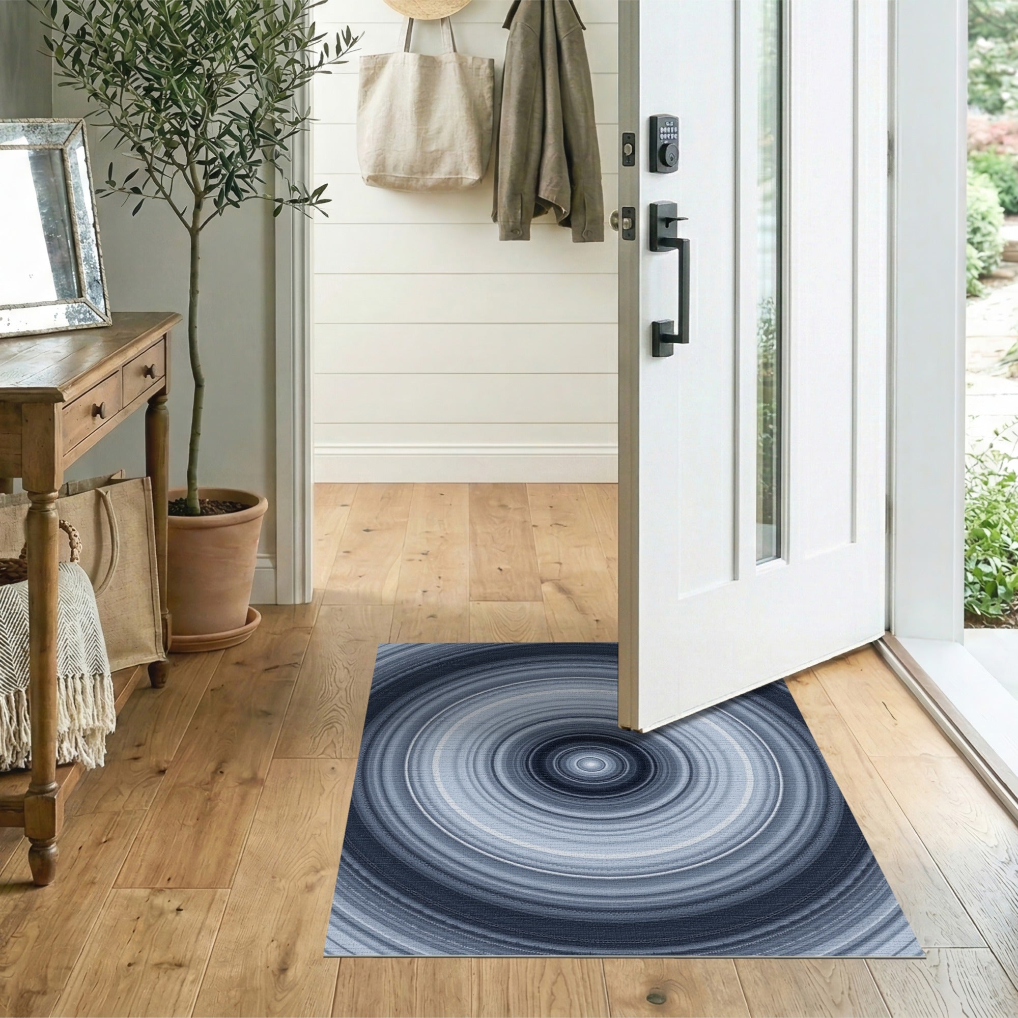 ODIKA Modern Abstract Concentric Circle Blue Machine Washable Area Rug, Low Pile Non-Slip & Pet Friendly