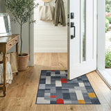 Navy Geometric Area Rug with Red Yellow Circles