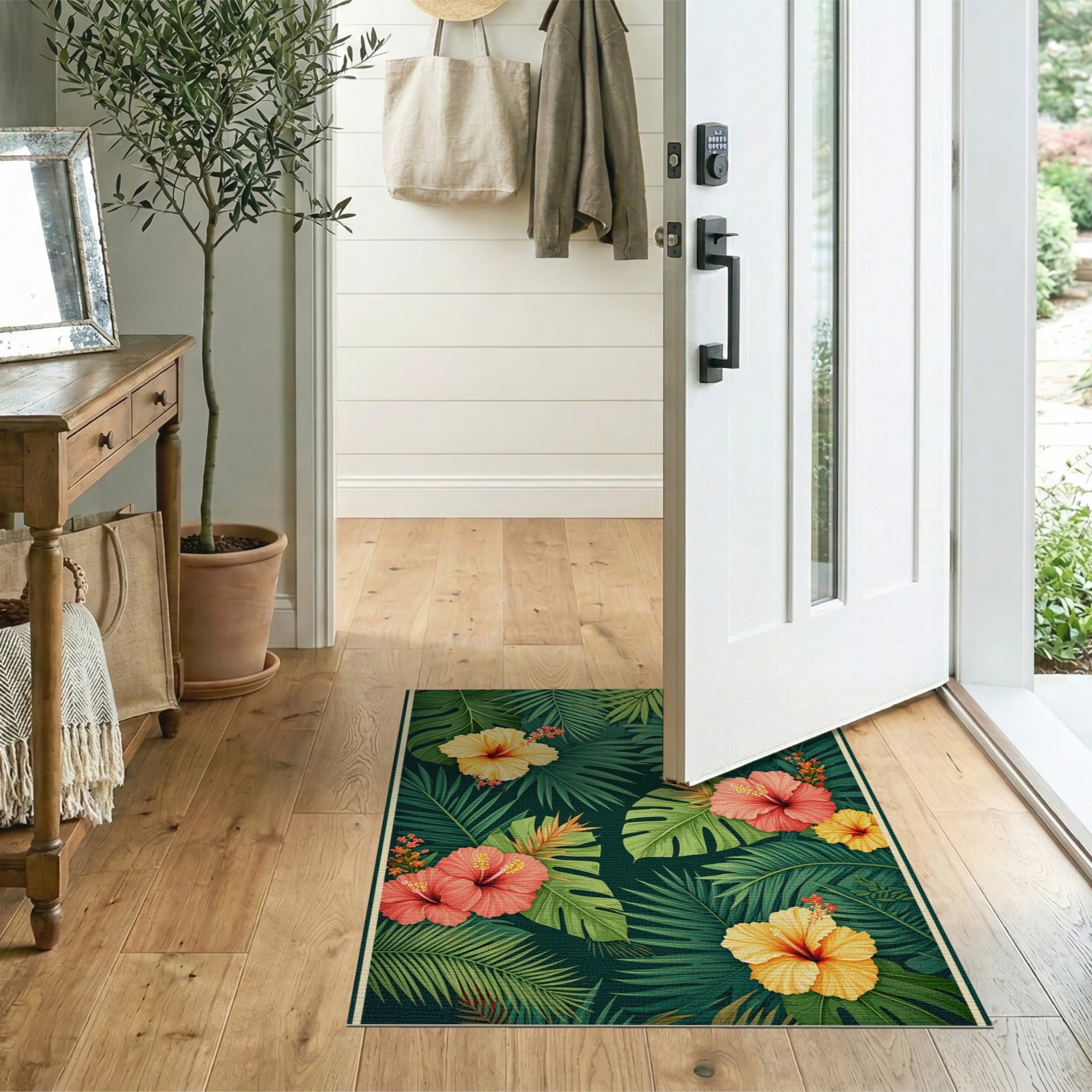 Tropical Hibiscus & Palm Leaves Washable Area Rug - Low Pile Non-Slip Floral Carpet