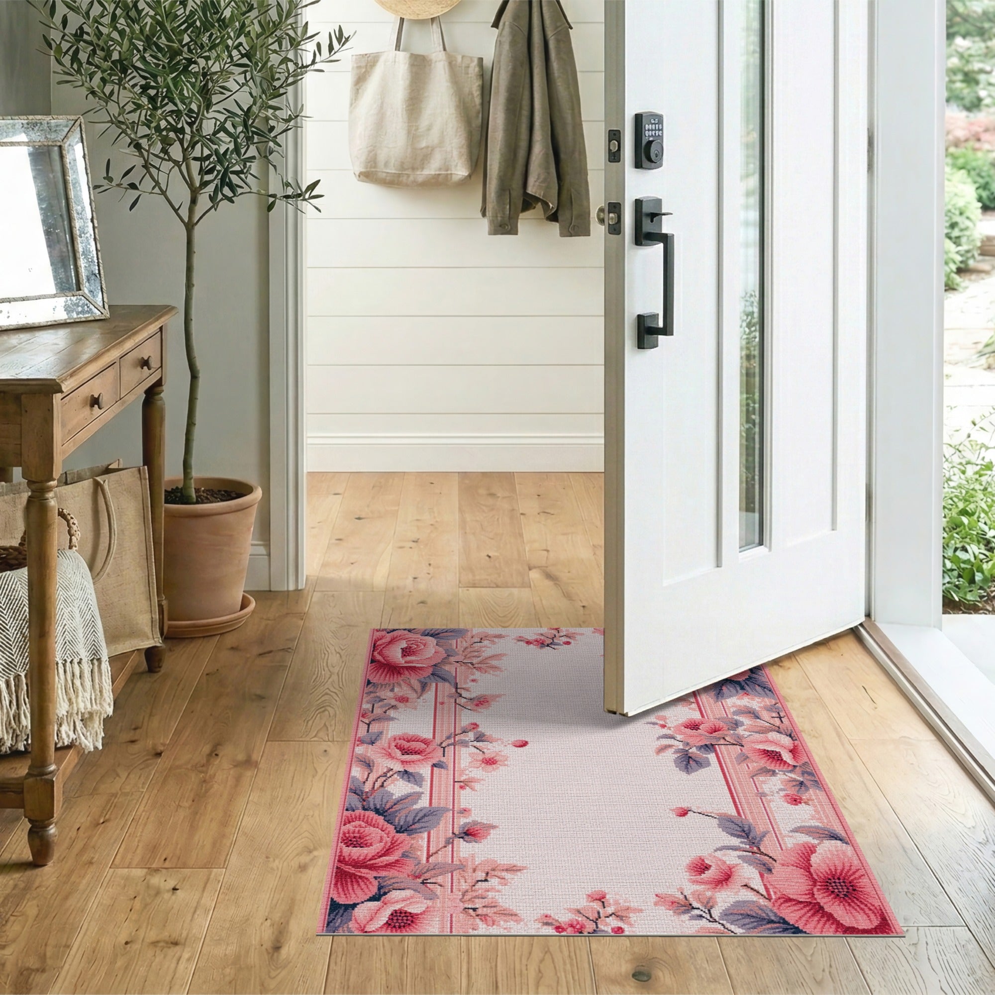 Vintage Pink Rose Floral Border Rug