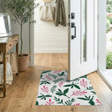 Vibrant Green Leaves Red Blooms Pattern Area Rug