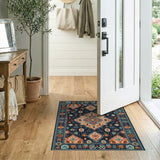 Navy Teal Traditional Persian Area Rug with Orange Motifs