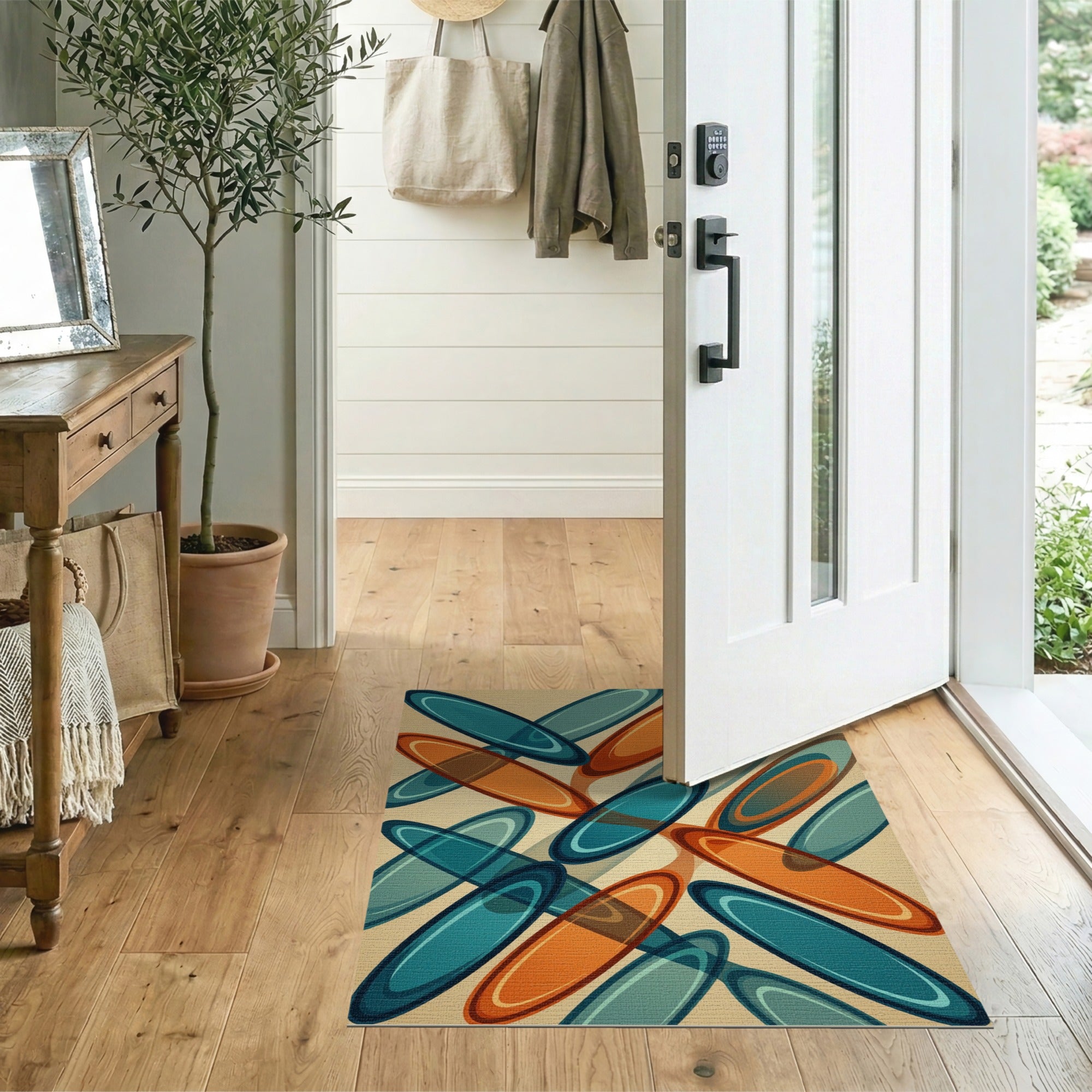 Teal Orange Overlapping Ovals Geometric Area Rug