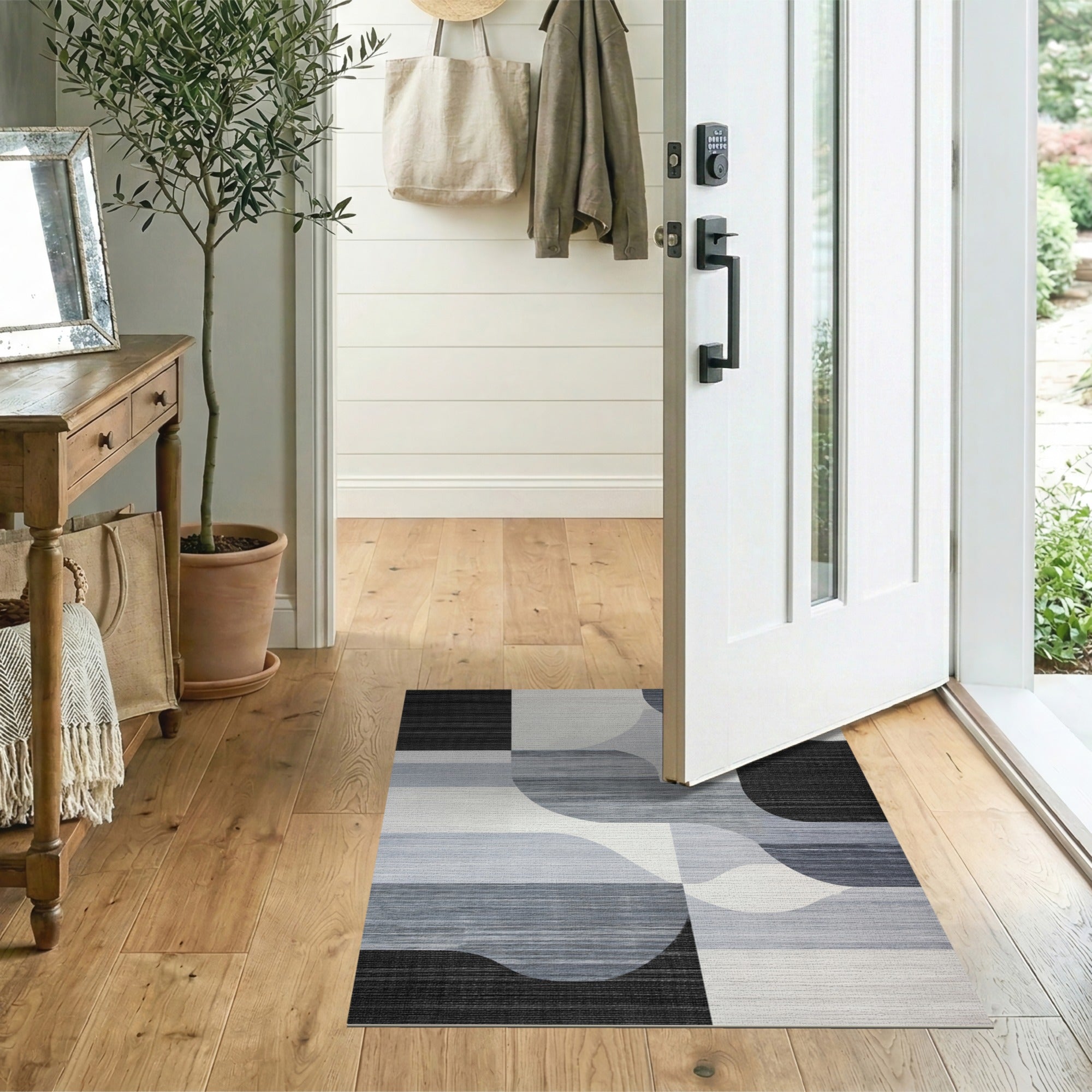 ODIKA Modern Abstract Geometric Washable Rug - Black & Grey Low Pile Non-Slip Area Rug, Pet & Kid Friendly