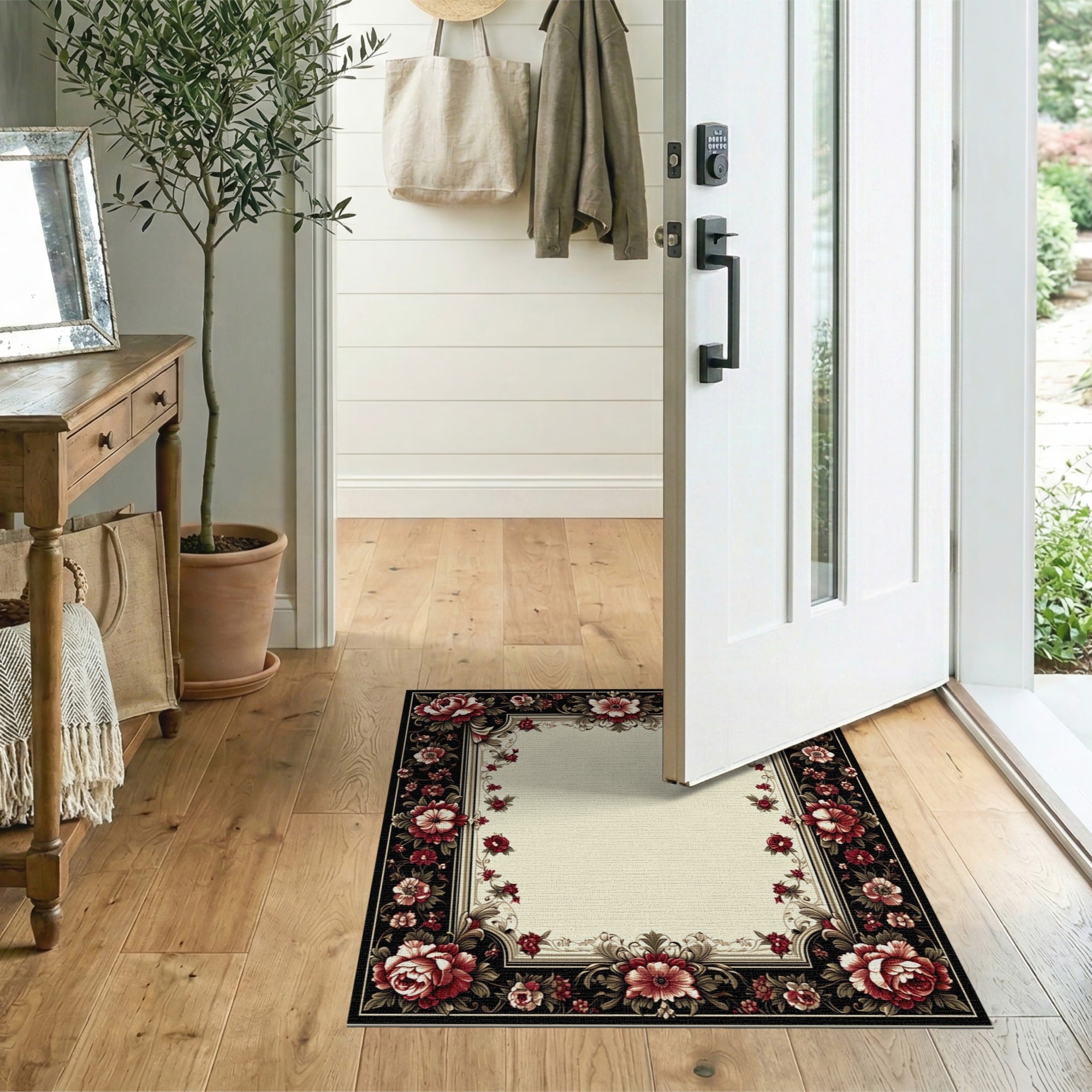 Vintage Red Peony Floral Border Area Rug