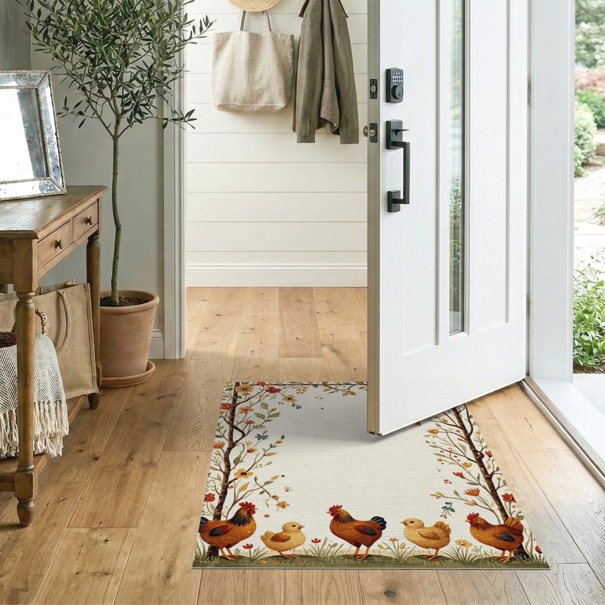 Whimsical Chicken Family Floral Wreath Area Rug