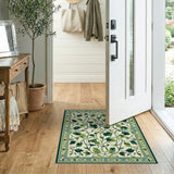 ODIKA Washable Green Botanical Floral Rug - Low Pile Non-Slip Vintage Area Rug