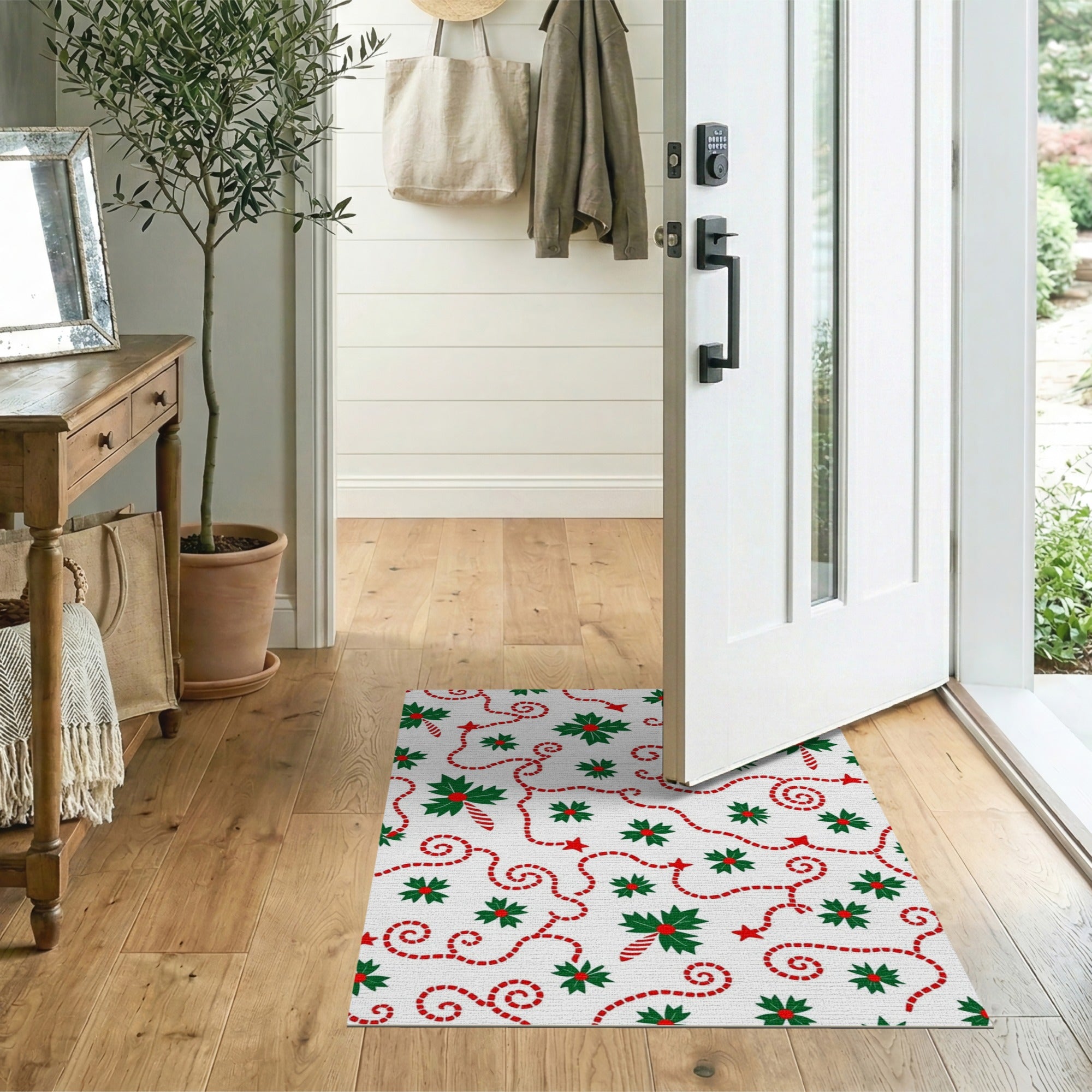 Festive Holly Berry Candy Cane Area Rug