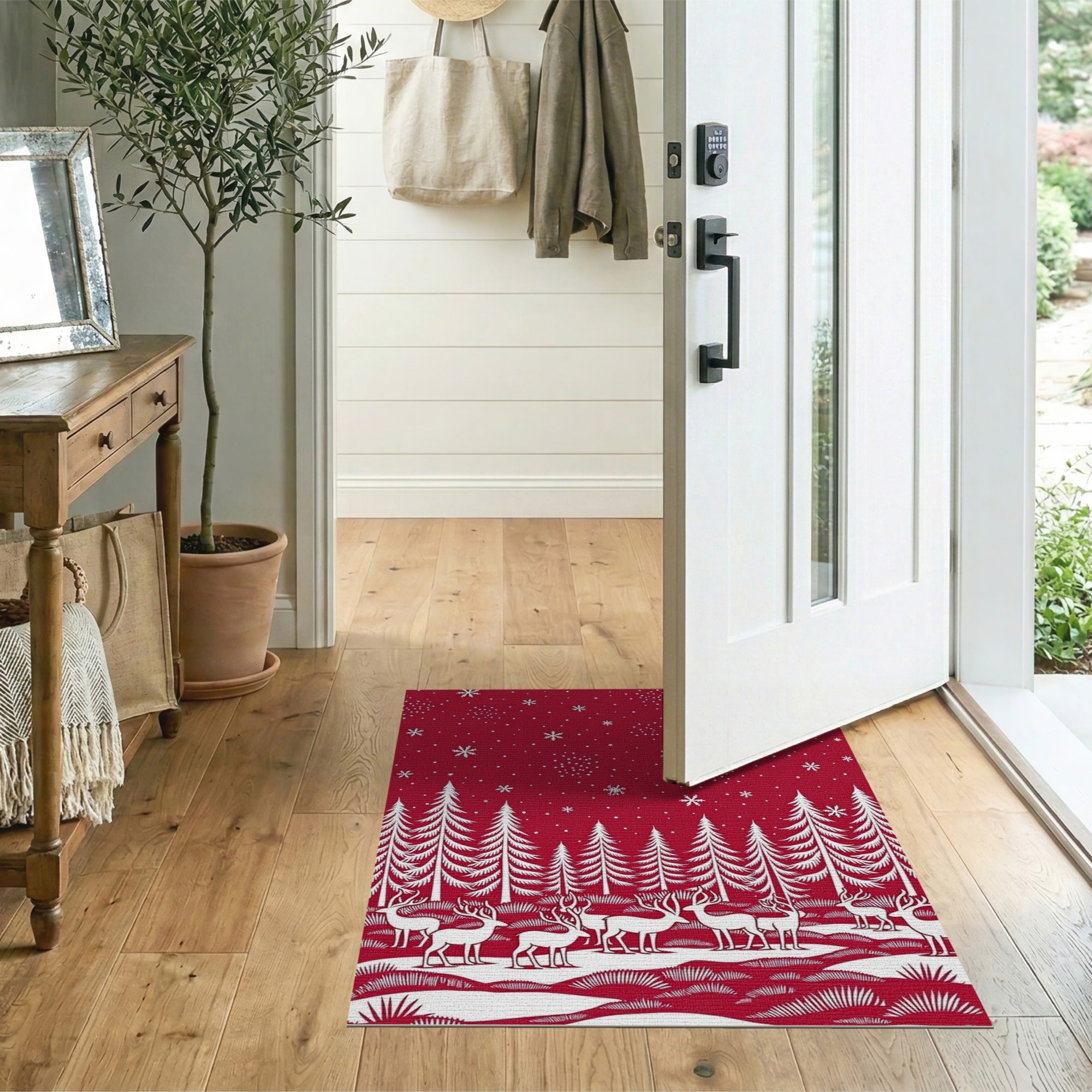 Red Reindeer Snowy Forest Silhouette Area Rug