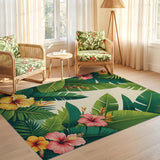 Washable Tropical Hibiscus Floral Low Pile Area Rug