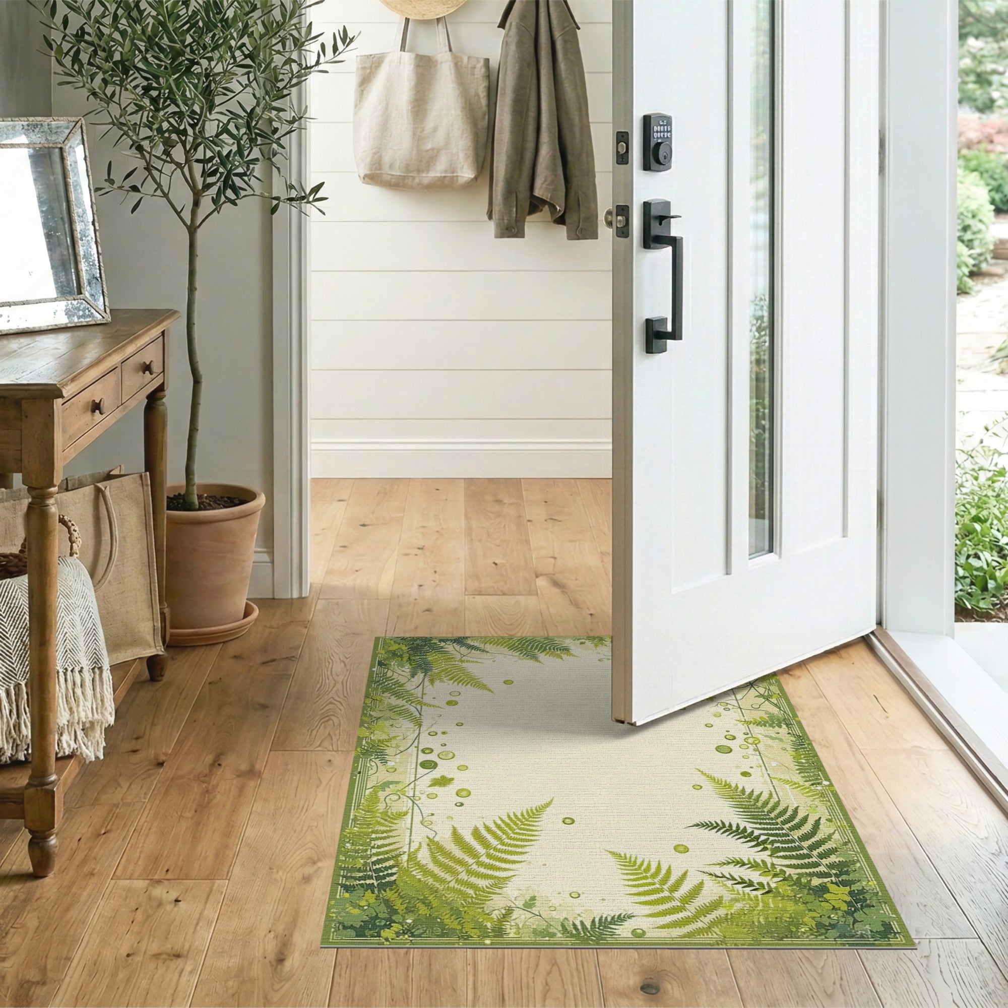 Lush Fern Vine Border Green Area Rug