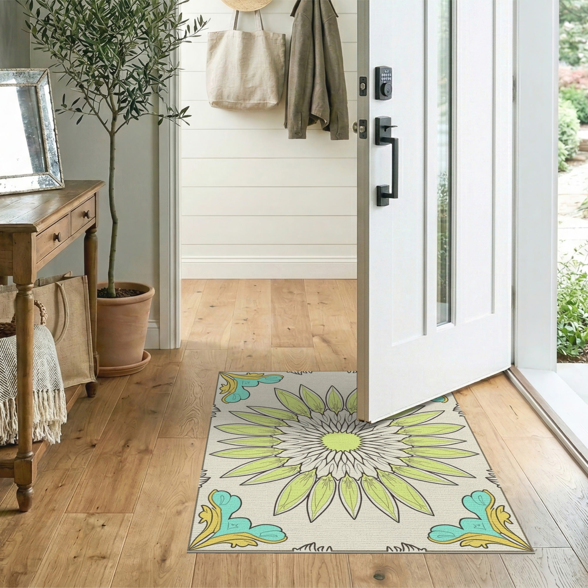 Vintage Lime Green Daisy Floral Area Rug