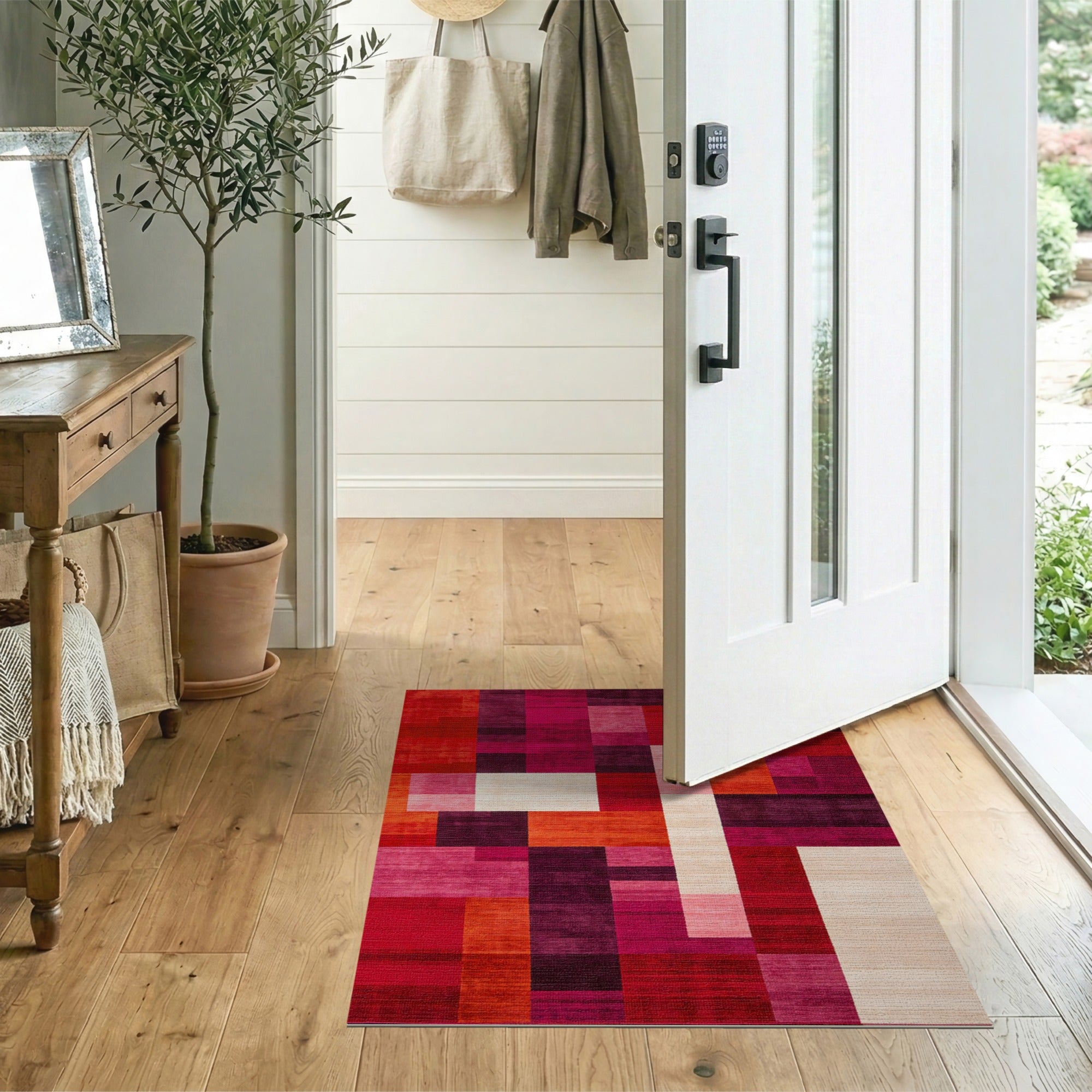 ODIKA Washable Abstract Geometric Area Rug - Modern Red & Pink Low Pile Non-Slip Rug