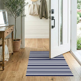 Black and White Navy Striped Washable Area Rug