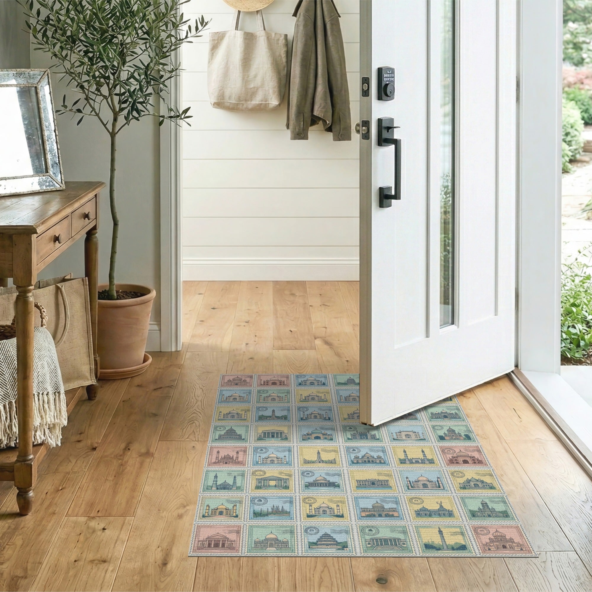 Multi-Color Vintage Landmarks Stamp Area Rug