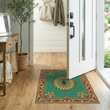 Teal Sun Medallion Area Rug with Gold Baroque Borders