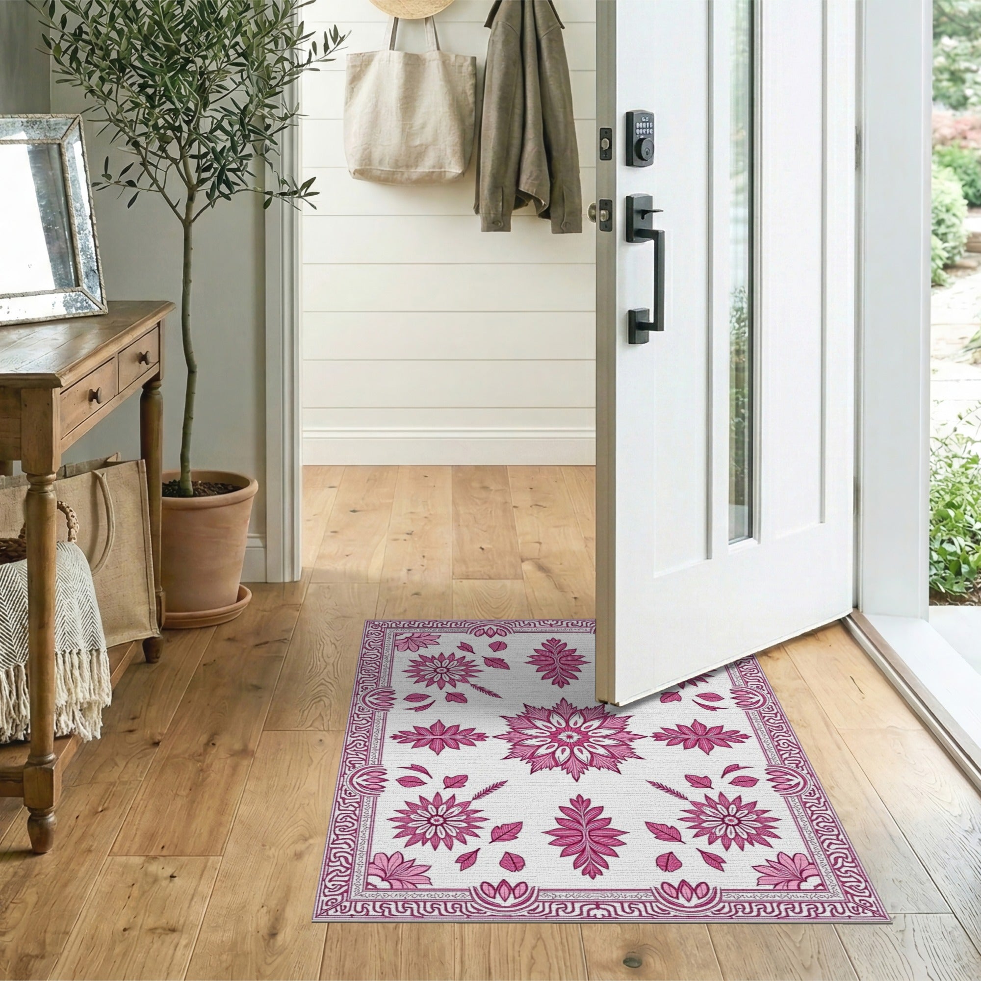 Vintage Pink Floral Area Rug with Ornate Border