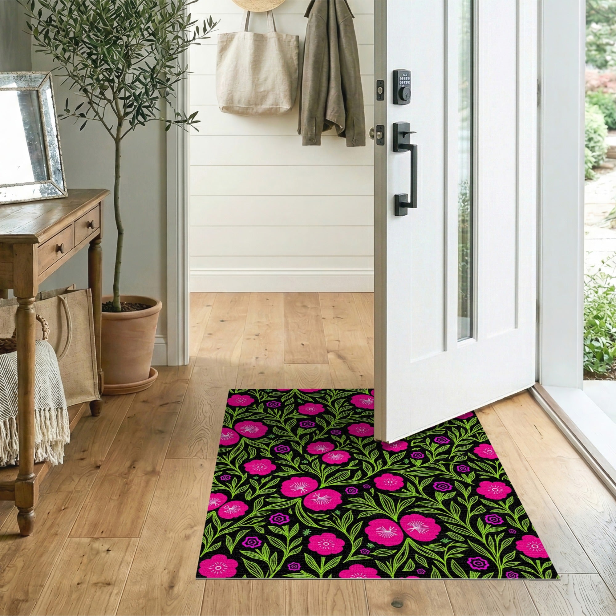 Floral Vintage Multi-color and Patterns Vibrant Pink Hibiscus Floral Area Rug