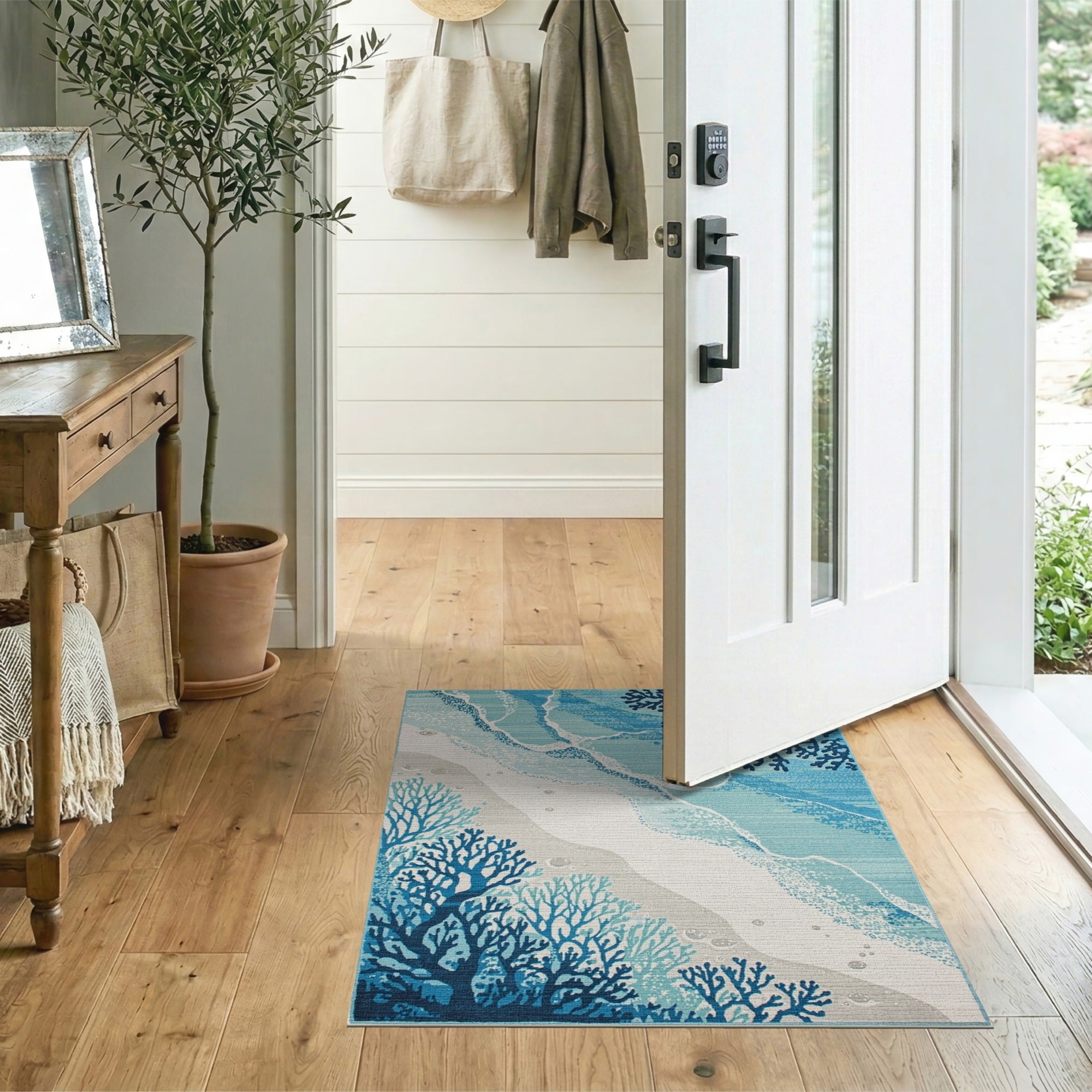 Blue and Teal Blue Teal Coral Reef Coastal Area Rug